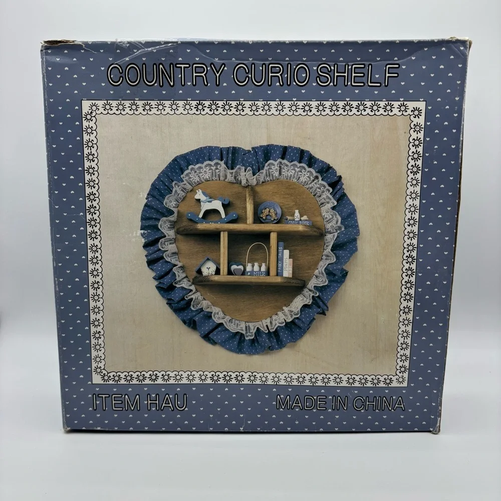 Vtg Wood Wall Shelf Curio Shadow Box Heart Dividers Display Country Farmhouse